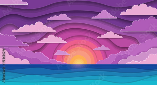 Abstract Sunset Paper Cut Landscape with Clouds Sea and Sunrise in Tones of Violet Pink and Yellow Vector Graphic Illustration for Commercial Use