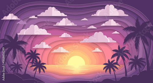 Vibrant Layered Sunset Scene with Palm Trees and Clouds Illustration for Vacation Promotion Holiday Destination Graphics and Tropical Backgrounds