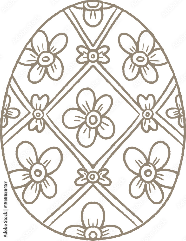 Fototapeta premium Decorative egg with floral ornament in simple line style. Minimal Easter element for seasonal patterns, packaging, and spring decor. 