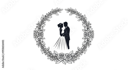 Couple embracing within a floral wreath a romantic black design silhouette