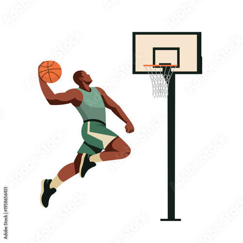 Male basketball player slam dunk scoring the ball to the net. Vector stock