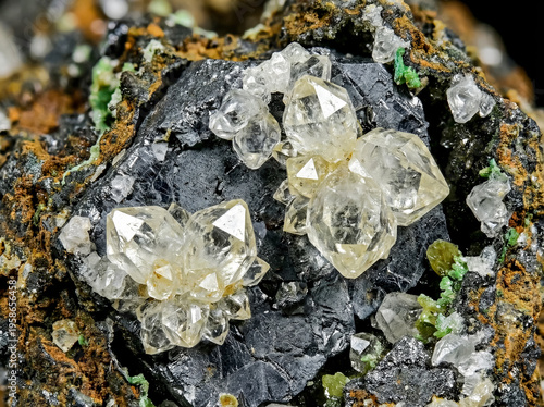 Clear orthorhombic anglesite crystals on metallic grey galena matrix.