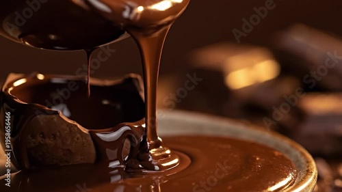 Melted chocolate dripping over chunks of dark chocolate.