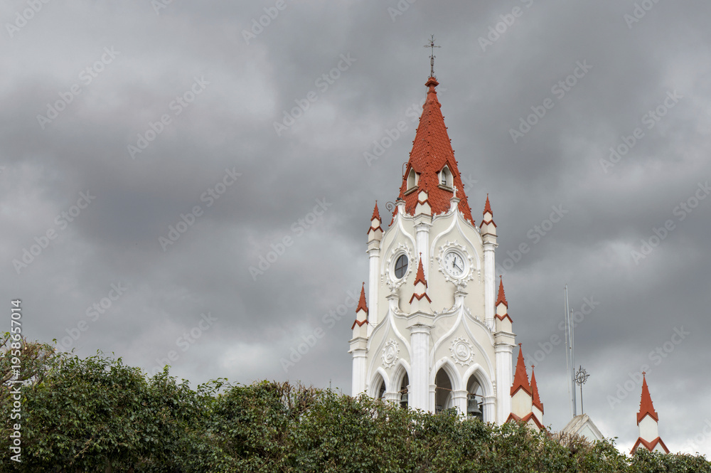 custom made wallpaper toronto digitalSantuario de San Felipe de Jesús white neo-gothic church with pointed arches, red accents under cloudy sky, historic religious architecture design.