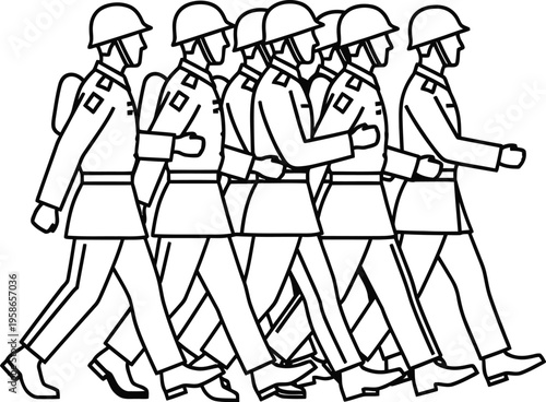 Marching soldiers in uniform with helmets and backpacks parade in formation