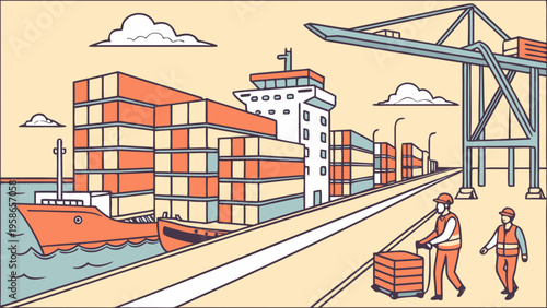 Bustling port scene with cargo ship carrying numerous containers, massive dock crane, workers, and a busy shipping terminal illustration