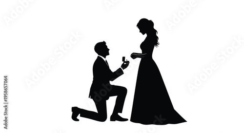 A romantic marriage proposal scene featuring a kneeling man a beautiful silhouette