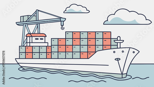 Modern cargo ship transporting numerous containers across the ocean, featuring onboard crane and minimalist outline illustration style