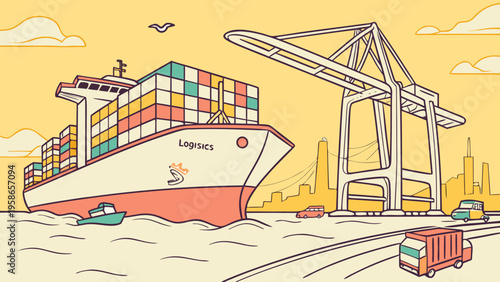 Large container ship with colorful cargo traversing a busy port, huge shipping crane, city skyline, and vehicles illustrating global logistics