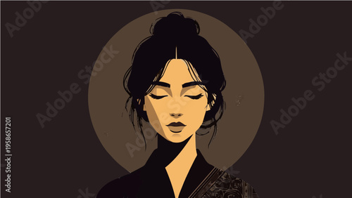 Stylized vector portrait of woman with dark hair in bun and gold earrings on dark circular background