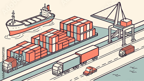 Isometric illustration of a cargo ship, crane, and trucks at a busy port, symbolizing global logistics and supply chain operations, flat design