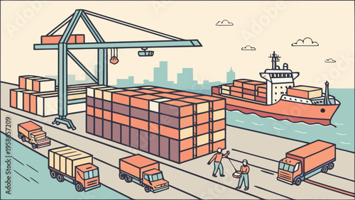 Busy port scene with cargo ship, crane, trucks, and people, depicting international trade and logistics in a modern, stylized illustration, supply chain