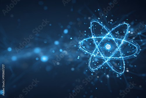 Digitally rendered atom model glows with particles. A modern, abstract visualization of scientific concepts. Deep blue and a futuristic feel