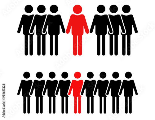 Red stick figure standing out in a crowd of black figures, symbolizing individuality and difference.