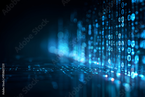 Digitally rendered scene featuring glowing blue binary code cascading downwards. The shallow depth of field creates a bokeh effect