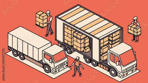 Isometric view of workers loading boxes into trucks at a warehouse, showcasing logistics, delivery services, and storage operations, supply chain