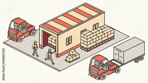 Isometric illustration of a small forklift moving containers at a warehouse with workers, representing logistics and distribution, supply chain