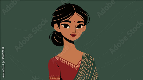 Stylized vector portrait of woman with dark hair and traditional red attire on dark green background