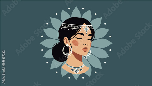 Ornate vector portrait of woman with headpiece and lotus frame on dark teal background