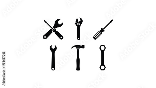 Set of repair tools icons including wrench, screwdriver and hammer, mechanical equipment symbols, minimal black vector illustration set