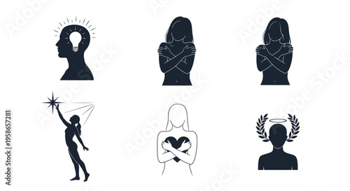 Conceptual designs featuring human heads and figures in dark silhouette