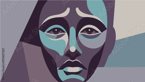 Geometric vector portrait of woman with purple teal face and angular features on gray background