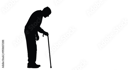 Elderly man with a walking cane captured in a striking black silhouette