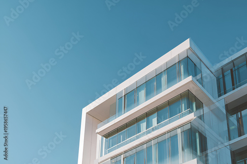 Modern architectural composition featuring a contemporary building's facade against a clear, vibrant, blue sky with clean lines and reflective windows