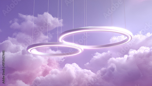 Modern abstract art piece featuring two connected, glowing circular light fixtures suspended against a pastel-colored, dreamy sky with clouds