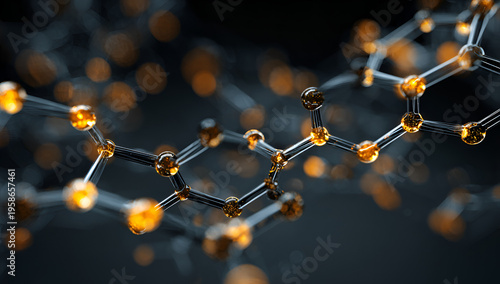 Macro shot of a molecular structure with interconnected nodes glowing orange against a dark background, illustrating concepts
