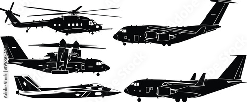 aircraft, helicopter, plane, military, aviation, transport, cargo, silhouette, vector, black, isolated, aircrafts, airforce, warplane, modern, military aircraft, cargo plane, transport aircraft, comba