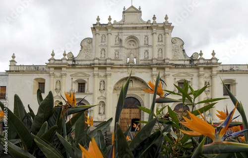 Wallpaper Mural Historic colonial church framed by tropical flowers under a cloudy sky, blending architecture and nature in a picturesque Latin American cultural landmark. Torontodigital.ca