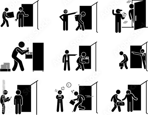 Stick figures illustrating various human interactions at a doorway, including delivery, work, being dismissed, and welcoming visitors.