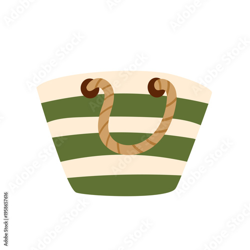 Stylized green and white striped beach bag with natural rope handles. Accessory illustration for summer vacation, travel, and fashion themed designs.