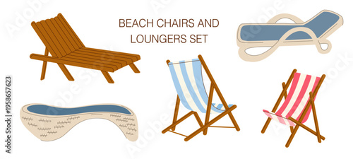 Collection of  wooden and textile beach chairs, deck chairs, and sun loungers. Modern aesthetic furniture icons for summer travel and leisure projects.