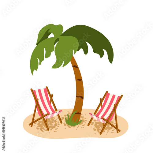 Summer concept featuring a green palm tree on sand with two pink striped deck chairs. Modern aesthetic for tropical travel, resort, and leisure designs.