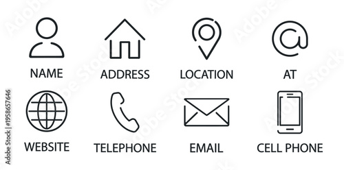 Contact icon set, user profile, address, location, email, phone, mobile, website, minimal outline vector symbols for interface and communication design on transparent background