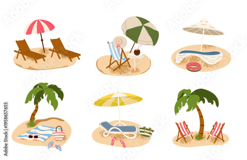 Collection of  summer beach scenes featuring palm trees, deck chairs, sun umbrellas, and travel accessories. Set illustrations for tourism, leisure, and resort designs.