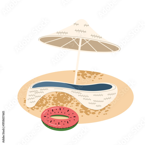  Summer vacation scene featuring a  wicker lounger, beach umbrella, and a watermelon swim ring. Modern aesthetic for resort, travel, and leisure designs.