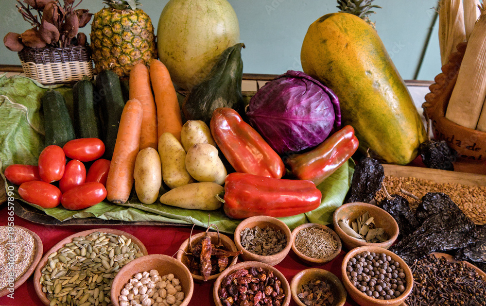 custom made wallpaper toronto digitalColorful assortment of fresh vegetables, seeds, and spices displayed on a market table, highlighting local agriculture, healthy ingredients, and vibrant culinary traditions.