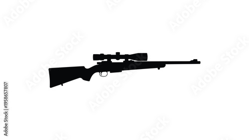 Sniper rifle silhouette with scope, precision shooting weapon illustration, minimal black vector design isolated on white background