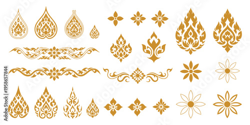 Thai decorative graphic elements vector collection featuring golden lotus, flame motifs, Kanok patterns and floral ornaments for traditional design, cultural branding and luxury artwork