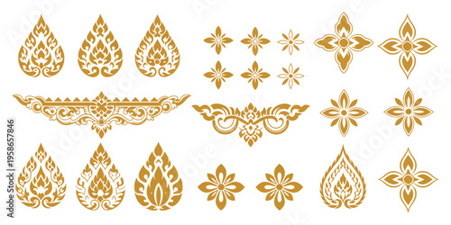Thai decorative graphic elements vector collection featuring golden lotus, flame motifs, Kanok patterns and floral ornaments for traditional design, cultural branding and luxury artwork