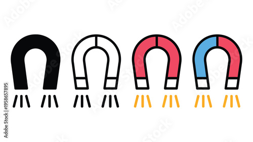 Stylized magnet icon collection, consistent vector illustrations of magnets in identical pose and proportions, four design variations including flat, line, and glyph styles, ideal for physics