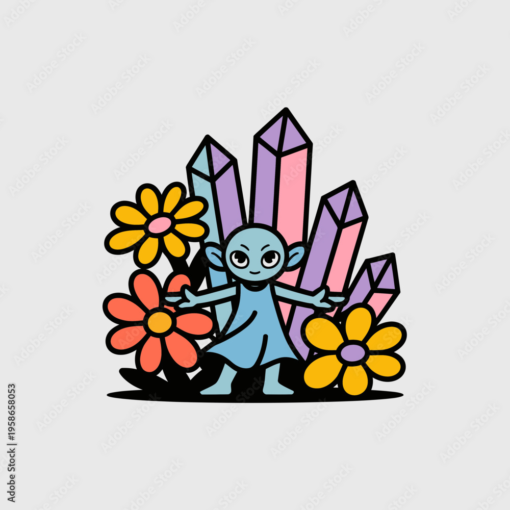 Fototapeta premium Blue Alien Character Surrounded by Colorful Crystals and Flowers