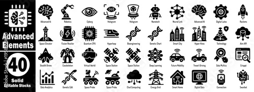 Advanced elements solid icons set. Such as robotics, space exploration, and biotechnology for modern digital design projects, vector illustration.