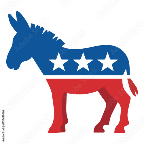 Democratic donkey political symbol, American election vector icon with stars and stripes, patriotic red white and blue party mascot for voting