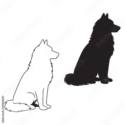 Siberian Husky dog silhouette and line art vector, sitting Alaskan Malamute profile icons, black and white canine pet illustrations for logo design