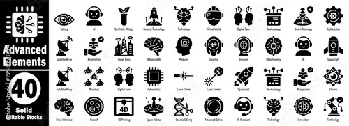 Advanced elements and technology solid icons. Featuring artificial intelligence, robotics, and futuristic bioengineering elements for professional developers, vector illustration.
