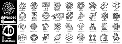 Advanced elements icons set. Displaying intricate wireframe designs for science fiction and modern engineering applications, vector illustration.